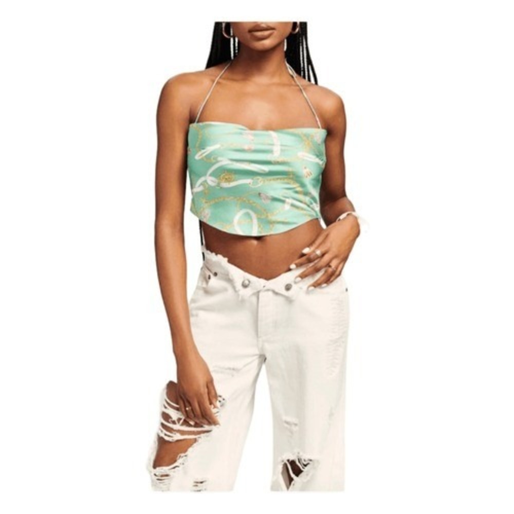 SER.O.YA Ellison Nautical Print Silk Crop Top Green Halter Cowl Neck Sleeveless - Picture 3 of 8